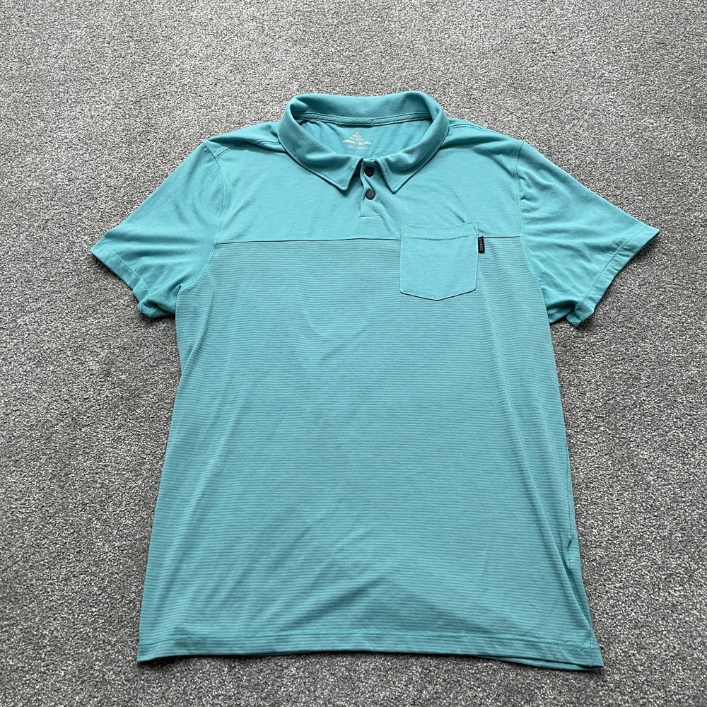 Prana Shirt Mens Large Blue Snap Collar Polo Breathe Cotton Blend Athletic Top